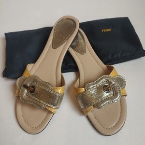 Fendi Leather Slides Sandals Yellow Gold Buckle Metallic Mules Shoes 39